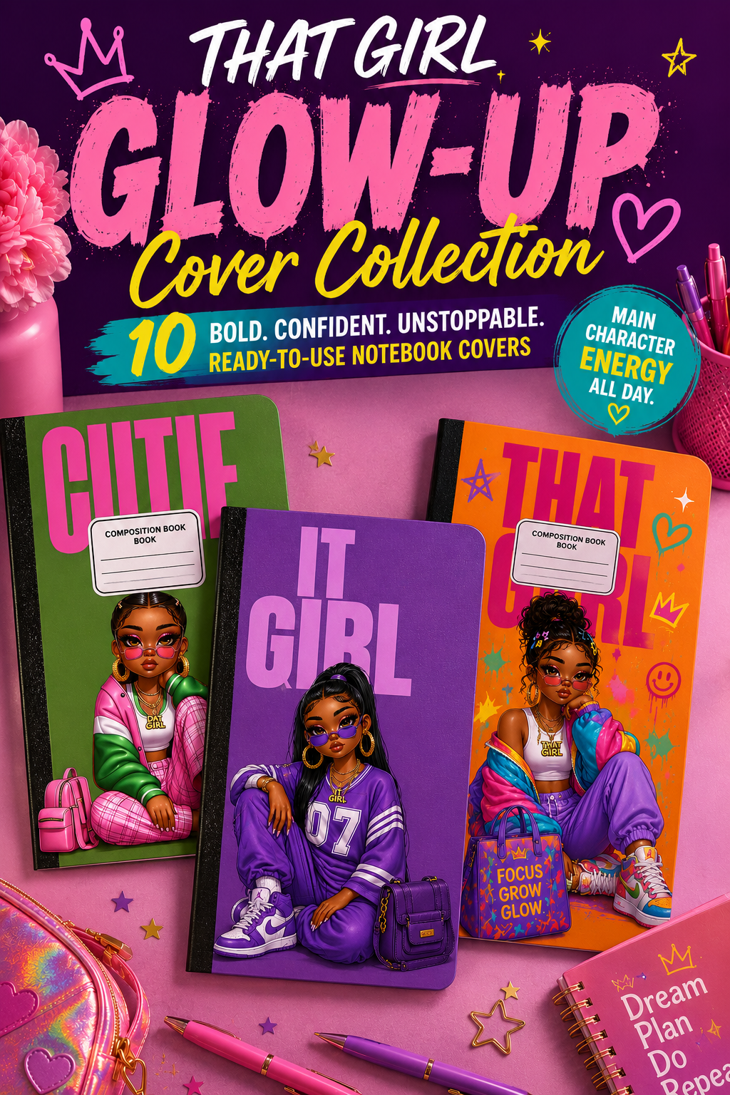 β¨ That Girl Glow-Up Cover Collection π
π | 10 Bold Ready-to-Use Notebook Covers