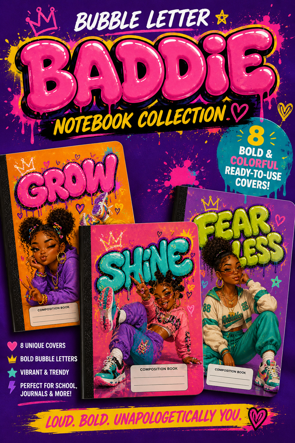 Bubble Letter Baddie Notebook Collection 💖🔥 | 8 Bold Ready-to-Use Covers